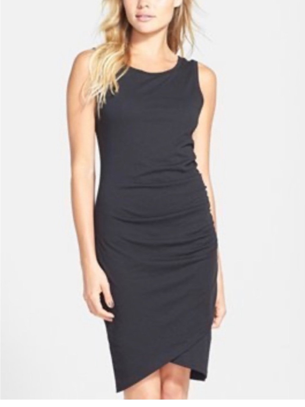 Leith Black Sleeveless cotton blend Ruched Sheath Dress LBD little black dress